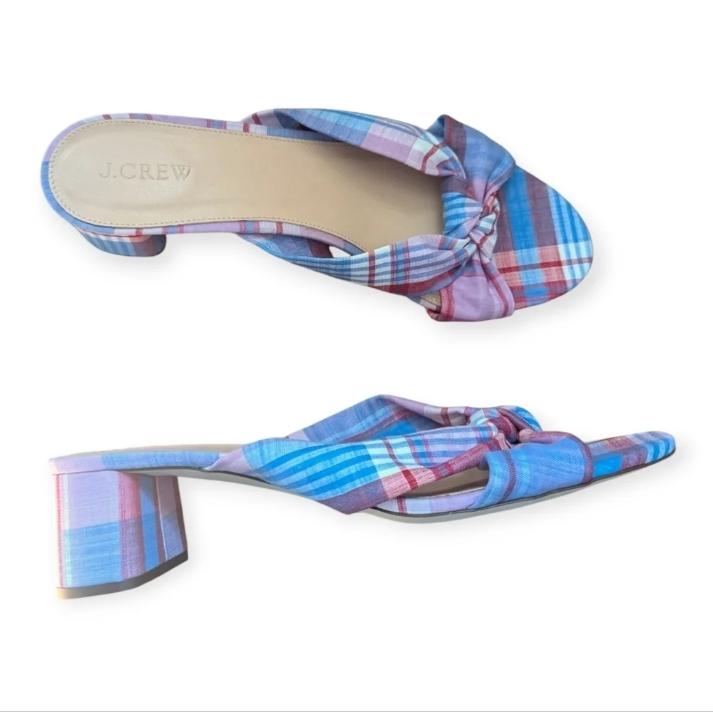 J.Crew Blue Pink Plaid Knotted Slide Sandals Beach Wedding Size 10.5